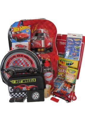 Backpack Hot Wheels, Lunch Bag, Gadget Box, Water Bottle & School Supplies NEW